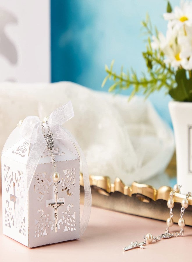 Bonuci 50 Packs Baptism Favors Set Acrylic Rosary Beads Faux Pearls with Organza Bags and Cross Baptism Favor Boxes Recuerdo De Boda Y Bautizo for Christening Weddings Party Favors(Silver Pearl Bracelet) - Image 5